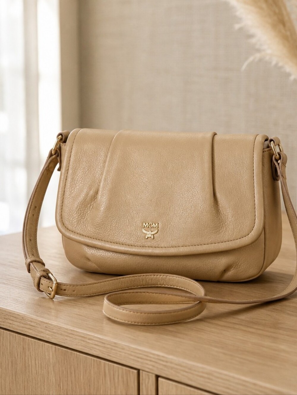 MCM Beige Leather Crossbody Bag with Gold Logo